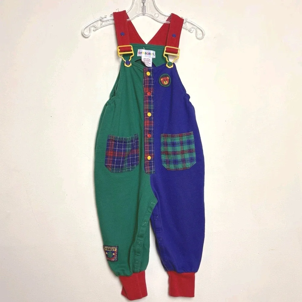 VTG Gymboree Rainbow Tag Bib Colorblock 90s Plaid Overalls X-Small 9-18 Months